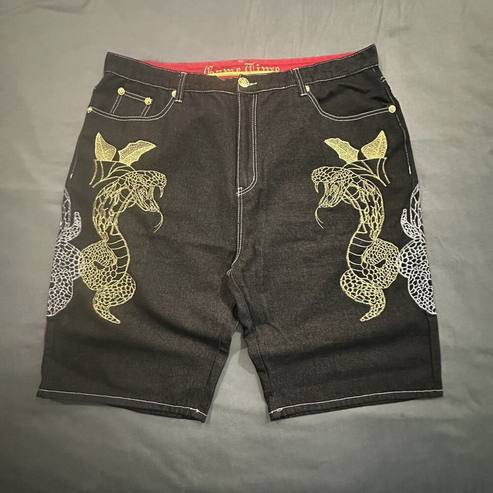 Vintage Y2K Game Time Jean Shorts Chinese Embroidery Men's 46 Snake Jort Baggy